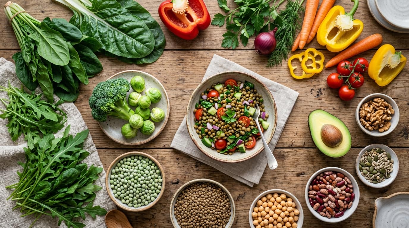 Folatreiche Lebensmittel mit grünem Gemüse, Linsen, Kichererbsen, Nüssen und saisonalem Gemüse